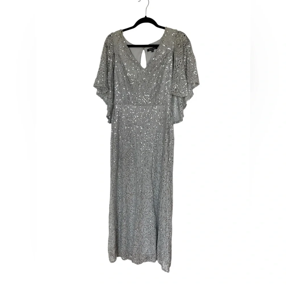 marina lace sequin dress MARINA Lace Gown Long Sequin Dress Blue 3/4 sleeve Size 6 Wedding Party